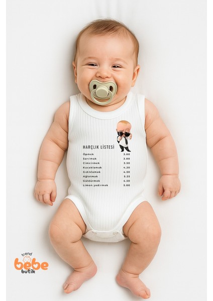 Harçlık Listesi Baskılı Ribana Çıtçıtlı Unisex Bebek Zıbın Body - Komik Yazılı Atlet Badi 6-36 Ay