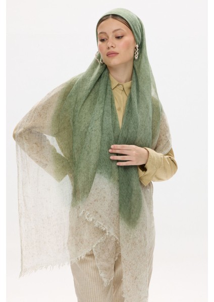Albert Çerçeve Desen Bej-Yeşil Keten Dokulu Şal