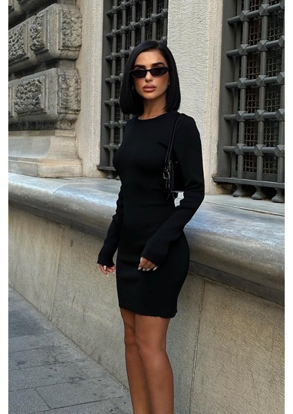 Kadın Siyah Dokuma Uzun Kollu Mini Elbise fiyatları
