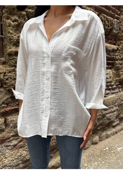 Beyaz Pamuklu Cepli Düşük Gömlek