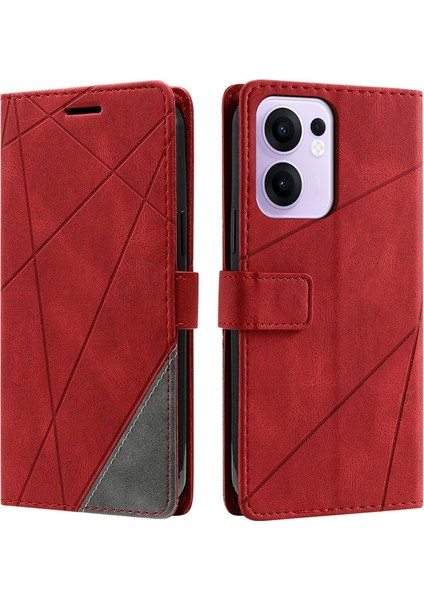Oppo RENO13 F 4g/5g Kılıf Baskılı Çizgiler Pu Deri Ekleme Cüzdan Telefon Kılıfı-Kırmızı (Yurt Dışından)