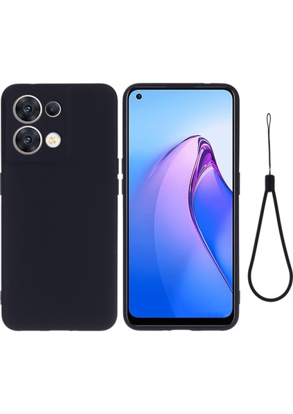 Oppo Reno8 5g (Küresel Sürüm) Için Yumuşak Sıvı Silikon Kılıf Parmak Izi Önleyici Çizilmez Fiber Astar Kamera Koruyucu Telefon Kılıfı Kayışlı-Siyah (Yurt Dışından)