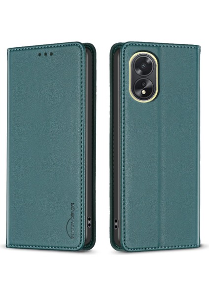 Bınfen Color BF18 Oppo A38 4g Darbeye Dayanıklı Deri Kapak Kart Tutucu Stand Telefon Kılıfı-Yeşil (Yurt Dışından)