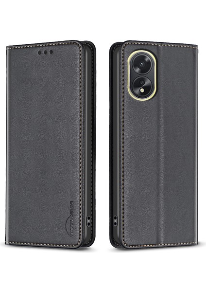 Bınfen Color BF18 Oppo A38 4g Darbeye Dayanıklı Deri Kapak Kart Tutucu Stand Telefon Kılıfı-Siyah (Yurt Dışından)