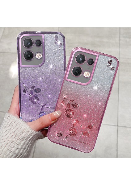 Kadem Oppo Reno8 Pro 5g (Küresel Sürüm)/reno8 Pro+ (Çin) 5g Rhinestone Dekor Çiçek Desen Tpu Kabuk Degrade Renk Parıltılı Toz Telefon Kılıfı-Mavi (Yurt Dışından) fiyatları