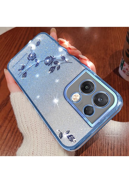 Kadem Oppo Reno8 Pro 5g (Küresel Sürüm)/reno8 Pro+ (Çin) 5g Rhinestone Dekor Çiçek Desen Tpu Kabuk Degrade Renk Parıltılı Toz Telefon Kılıfı-Mavi (Yurt Dışından) modelleri