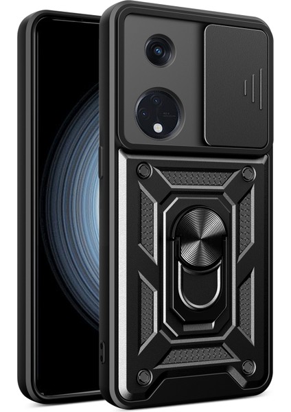 Oppo Reno8 T 5g/a1 Pro 5g Kickstand Telefon Kılıfı Pc+Tpu Sağlam Kapaklı Kayar Kamera Koruyucu-Siyah (Yurt Dışından)