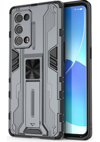 Kickstand Tasarım Sert Pc Arka + Yumuşak Tpu Tampon Tampon Düşmeye Dayanıklı Koruyucu Kılıf Oppo Reno6 Pro + 5g - Gri (Yurt Dışından)