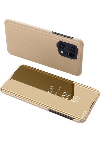 Oppo Find X5 Pro Bookstyle View Window Electroplate Ayna Standı Kılıf Pu Deri Tam Gövde Koruyucu Flip Folio Kapak-Altın (Yurt Dışından)
