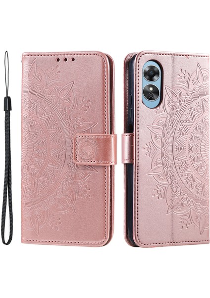 Oppo A78 4g Cüzdan Pu Deri Kılıf Standı Baskılı Mandala Çiçek Kılıf Kayışlı-Gül Altın (Yurt Dışından)