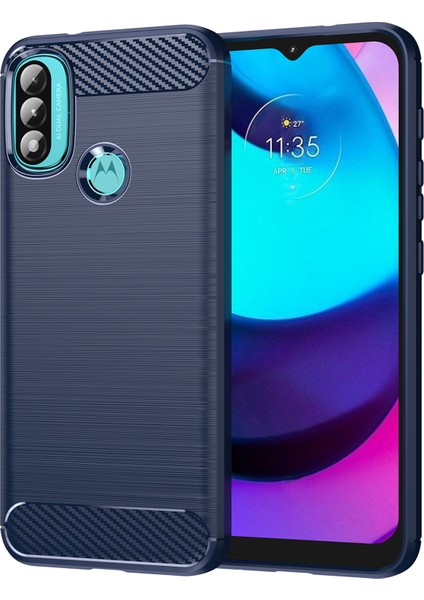 1.8mm Karbon Fiber Doku Fırçalanmış Yüzey Tpu Kılıf Hava Yastığı Tamponlama Süper Esnek Telefon Kılıfı Motorola Moto E40/E30/E20-MAVI (Yurt Dışından)