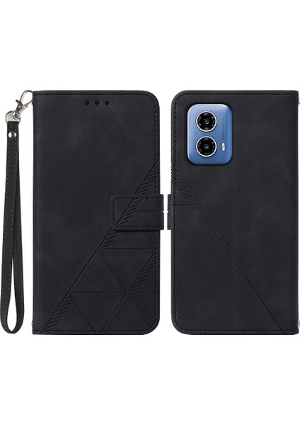 Motorola Moto G45 5G/G34 5g Deri Kılıf El Kayışı Cüzdan Standı Telefon Kılıfı-Siyah (Yurt Dışından)