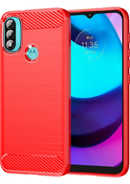 1.8mm Karbon Fiber Doku Fırçalanmış Yüzey Tpu Kılıf Hava Yastığı Tamponlama Süper Esnek Telefon Kılıfı Motorola Moto E40/E30/E20-KIRMIZI (Yurt Dışından)