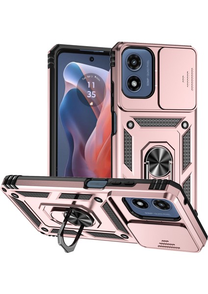 Motorola Moto G Play (2024) 4g Kılıf Pc + Tpu Darbeye Dayanıklı Telefon Kabuğu Kamera Sürgülü Kapak ve Destek Ayağı - Gül Altını (Yurt Dışından)