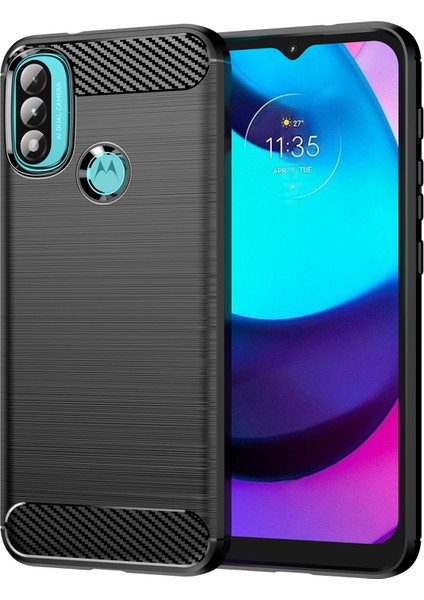 1.8mm Karbon Fiber Doku Fırçalanmış Yüzey Tpu Kılıf Hava Yastığı Tamponlama Süper Esnek Telefon Kılıfı Motorola Moto E40/E30/E20-SIYAH (Yurt Dışından)