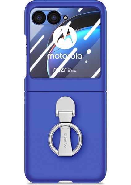 Motorola Razr 40 Ultra 5g Kılıf Halka Ayaklı Pc Telefon Kılıfı Temperli Cam Arka Ekran Filmi-Koyu Mavi (Yurt Dışından)