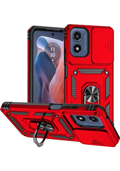 Motorola Moto G Play (2024) 4g Kılıf Pc + Tpu Darbeye Dayanıklı Telefon Kabuğu Kamera Sürgülü Kapak ve Destek Ayağı ile - Kırmızı (Yurt Dışından)