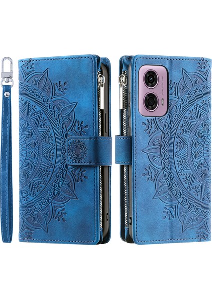 Motorola Moto E14 4G/G04 4G/G04S 4G/G24 4g Kılıf Flip Cüzdan Pu Deri Mandala Desen Fermuarlı Kapak-Mavi (Yurt Dışından)