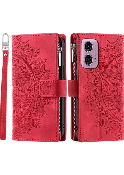Motorola Moto E14 4G/G04 4G/G04S 4G/G24 4g Kılıf Flip Cüzdan Pu Deri Mandala Desen Fermuarlı Kapak-Kırmızı (Yurt Dışından)
