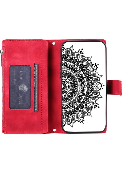Motorola Moto E14 4G/G04 4G/G04S 4G/G24 4g Kılıf Flip Cüzdan Pu Deri Mandala Desen Fermuarlı Kapak-Kırmızı (Yurt Dışından) fırsatları
