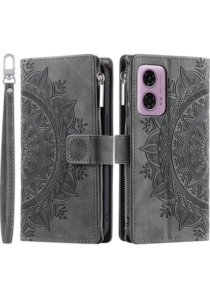 Motorola Moto E14 4G/G04 4G/G04S 4G/G24 4g Kılıf Flip Cüzdan Pu Deri Mandala Desen Fermuarlı Kapak-Gri (Yurt Dışından)