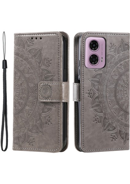 Motorola Moto E14 4G/G04 4G/G04S 4G/G24 4g Kılıf Pu Deri Mandala Desenli Cüzdan Kapaklı Kılıf-Gri (Yurt Dışından)