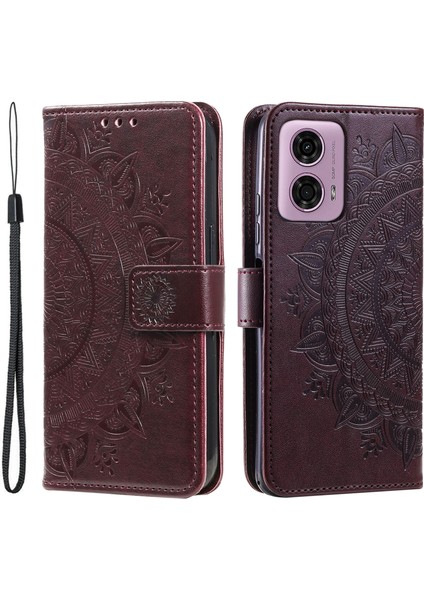 Motorola Moto E14 4G/G04 4G/G04S 4G/G24 4g Kılıf Pu Deri Mandala Desenli Cüzdan Kapaklı Kapak-Kahverengi (Yurt Dışından)