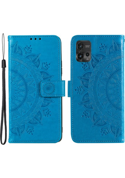 Motorola Moto G72 4g Darbeye Dayanıklı Telefon Kılıfı Baskılı Mandala Çiçek Desenli Telefon Standı Kılıfı Cüzdan-Mavi (Yurt Dışından)