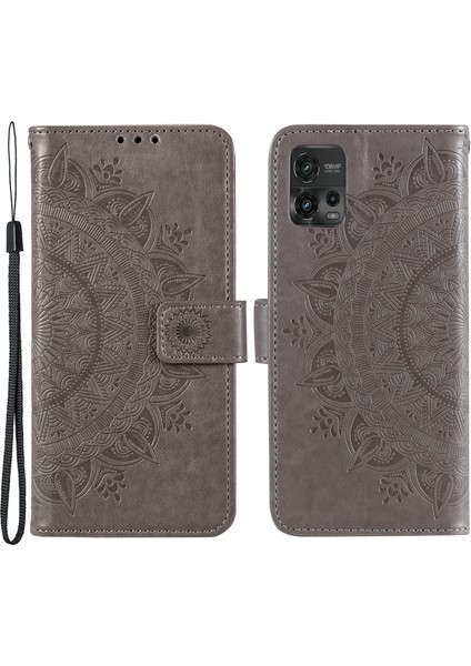Motorola Moto G72 4g Darbeye Dayanıklı Telefon Kılıfı Baskılı Mandala Çiçek Desenli Telefon Standı Kılıfı Cüzdan-Gri (Yurt Dışından)
