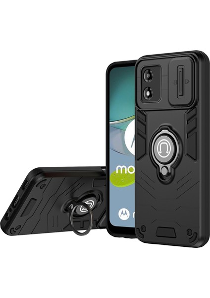 Motorola Moto E13 4g Kılıf Kickstand Pc + Tpu Telefon Kılıfı Sürgülü Lens Kapağı-Siyah (Yurt Dışından)