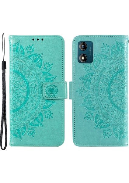 Motorola Moto E13 4g Cep Telefonu Kılıfı Baskılı Mandala Çiçek Desenli Cüzdan Standı Telefon Kılıfı Askılı-Yeşil (Yurt Dışından)