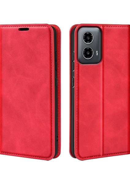 Motorola Moto G45 5G/G34 5g Kılıf Pu Deri Stand Görünüm Manyetik Korumalı Telefon Kılıfı-Kırmızı (Yurt Dışından)