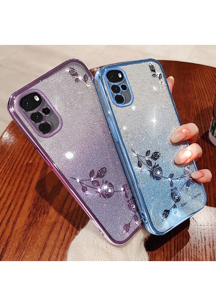 Kadem Motorola Moto G22 Kılıfı Parıltılı Yapay Elmas Çiçek Tpu Telefon Arka Kapağı-Mavi (Yurt Dışından) modelleri