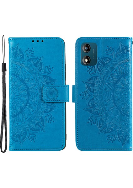 Motorola Moto E13 4g Cep Telefonu Kılıfı Baskılı Mandala Çiçek Desenli Cüzdan Standı Telefon Kılıfı Askılı-Mavi (Yurt Dışından)
