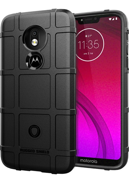 Motorola Moto G7 Power Için Sağlam Kare Izgara Dokulu Darbeye Dayanıklı Tpu Telefon Kılıfı (Ab Sürümü)-Siyah (Yurt Dışından)