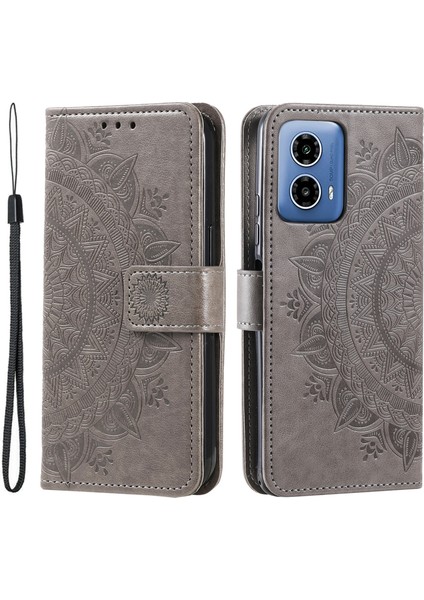 Motorola Moto G45 5G/G34 5g Telefon Kılıfı Mandala Çiçek Standı Pu Deri Kılıf Cüzdan-Gri (Yurt Dışından)