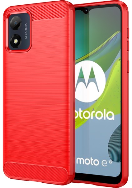 Motorola Moto E13 4g Için Düşmeye Karşı Telefon Kılıfı, Fırçalanmış Karbon Fiber Dokulu Telefon Kabuğu Cep Telefonu Kapağı-Kırmızı (Yurt Dışından)