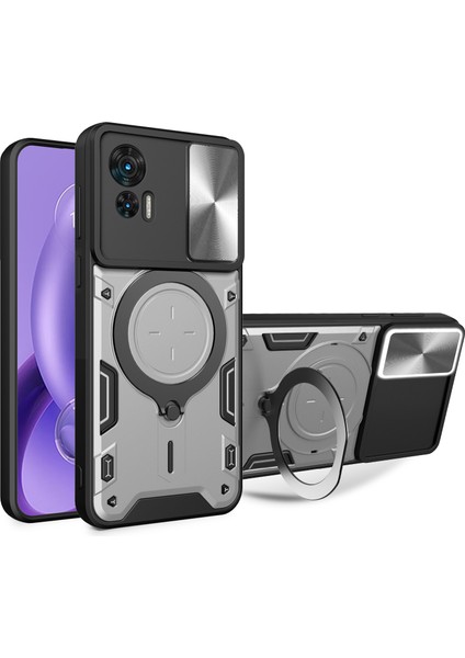 Motorola Edge 30 Neo 5g Için Döndürülebilir Kickstand Kılıfı Sürgülü Lens Koruyucu Pc + Tpu Darbeye Dayanıklı Telefon Kılıfı - Gümüş (Yurt Dışından)