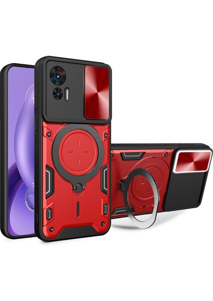 Motorola Edge 30 Neo 5g Için Döndürülebilir Kickstand Kılıfı Sürgülü Lens Koruyucu Pc+Tpu Darbeye Dayanıklı Telefon Kılıfı-Kırmızı (Yurt Dışından)