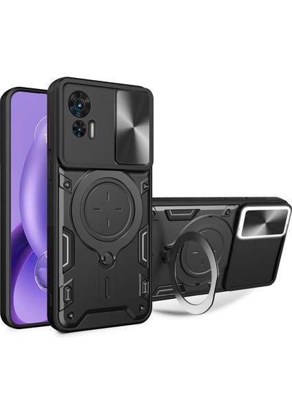 Motorola Edge 30 Neo 5g Için Döndürülebilir Destek Kapağı Sürgülü Lens Koruyucu Pc + Tpu Darbeye Dayanıklı Telefon Kılıfı-Siyah (Yurt Dışından)
