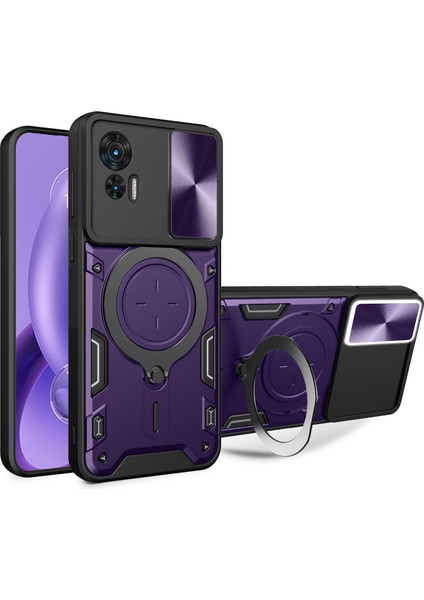 Motorola Edge 30 Neo 5g Için Döndürülebilir Kickstand Kılıfı Sürgülü Lens Koruyucu Pc+Tpu Darbeye Dayanıklı Telefon Kılıfı-Mor (Yurt Dışından)