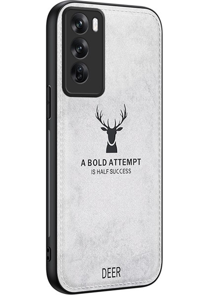 Oppo RENO12 5g(Global)Telefon Kılıfı Geyik Desenli Kumaş Dokulu Pu Deri Arka Kapak-Gri (Yurt Dışından)