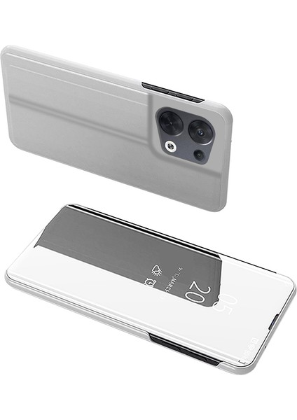Oppo Reno8 Pro+5g(Global Sürüm)/reno8 Pro 5g(Global Sürüm)Pu Deri Aynalı Kapaklı Kılıf Şeffaf Görüntü Pencereli Eller Serbest Standlı Telefon Kılıfı-Gümüş (Yurt Dışından)