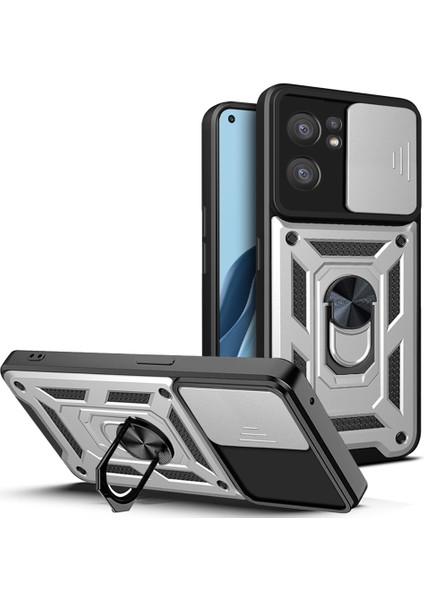 Oppo Reno7 5g (Global) Darbeye Dayanıklı Tpu+Pc Kılıfı Halka Destekli Kayar Kamera Koruyucu Çizilmez Arka Kapak-Gümüş (Yurt Dışından)