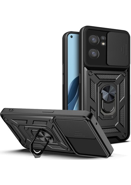 Oppo Reno7 5g (Global) Darbeye Dayanıklı Tpu+Pc Kılıfı Halka Destekli Kayar Kamera Koruyucu Çizilmez Arka Kapak-Siyah (Yurt Dışından)