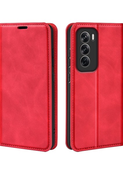 Oppo RENO12 5g(Global)Cüzdan Telefon Kılıfı Cilt Dokunuşlu Deri Kapaklı Kılıf-Kırmızı (Yurt Dışından)