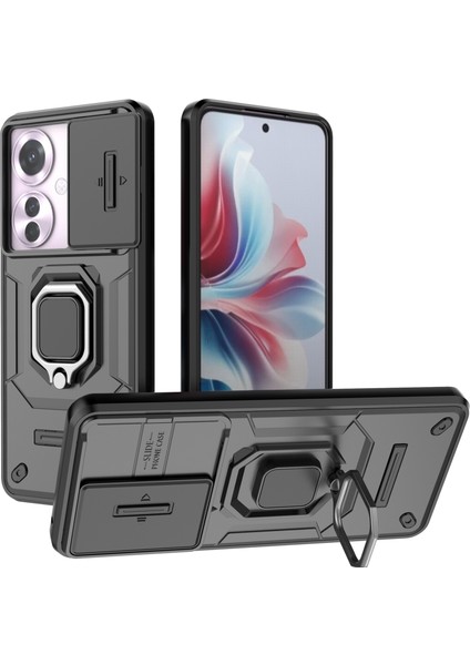 Oppo RENO11 F 5g Kılıf Halka Kickstand Pc + Tpu Arka Kabuk Sürgülü Kamera Kapağı-Siyah (Yurt Dışından)