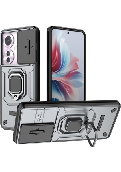 Oppo RENO11 F 5g Kılıf Halka Kickstand Pc + Tpu Arka Kabuk Sürgülü Kamera Kapağı-Gri (Yurt Dışından)