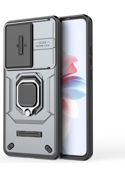 Oppo RENO11 F 5g Kılıf Halka Kickstand Pc + Tpu Arka Kabuk Sürgülü Kamera Kapağı-Gri (Yurt Dışından) modelleri