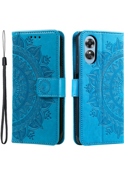 Oppo A78 4g Cüzdan Pu Deri Kılıf Standı Baskılı Mandala Çiçek Kılıf Askılı-Mavi (Yurt Dışından)